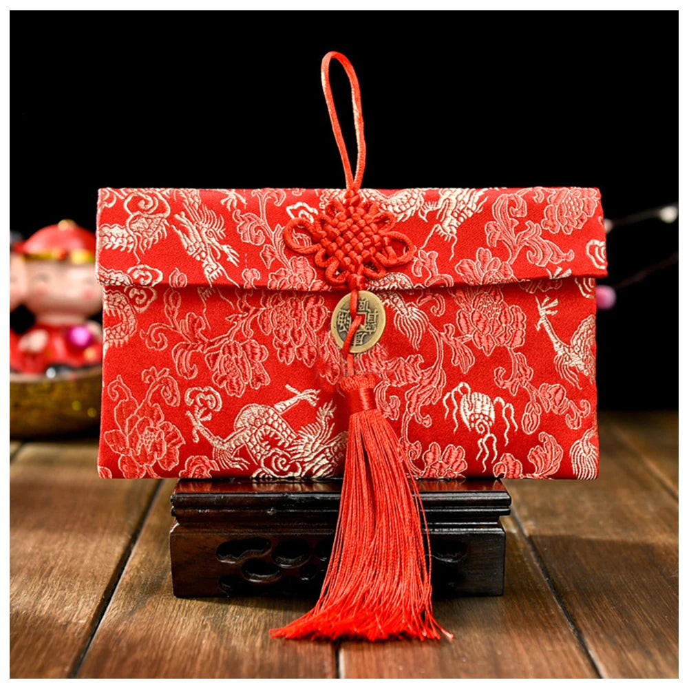 Chinese Style Brocade Red Envelope Bag Spring Festival Luck Red Packets Bag for Chinese Wedding Birthday Invitation Card Bag