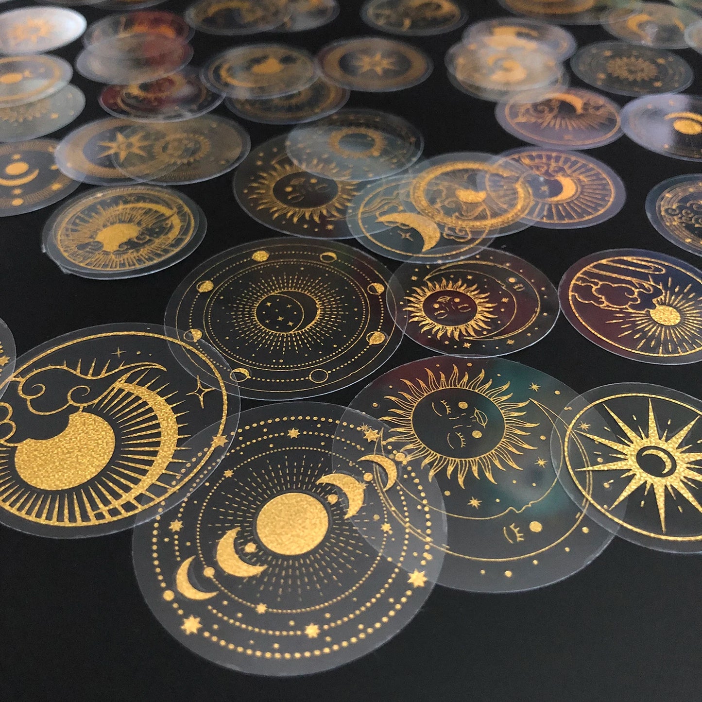 70 pcs Glitter Gold PET Adhesive Stickers Waterproof Transparent Label: SUN MOON Stars Etc