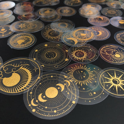 70 pcs Glitter Gold PET Adhesive Stickers Waterproof Transparent Label: SUN MOON Stars Etc