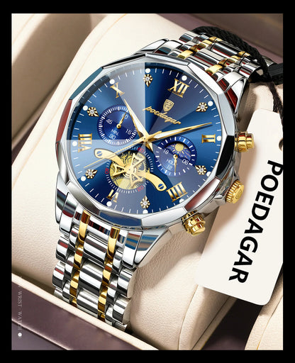 POEDAGAR Luxury Original Men Watch Waterproof Luminous Chronograph Man Wristwatch Stainless Steel Quartz Top Men's Watches Reloj