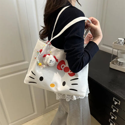 Cute Canvas Bag Hello Kitty Women's Canvas Handbag - Large Cute Cartoon Shoulder Bag Fashion Multi functional Commuter Handbag