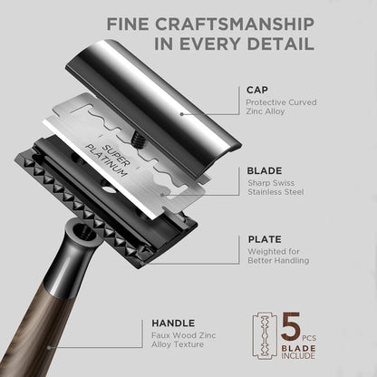 Double Edge Safety Razor, Wood Grain Handle Handle Razor with 5 Stainless Steel Blades, Heavy Duty Eco-Friendly Razor F