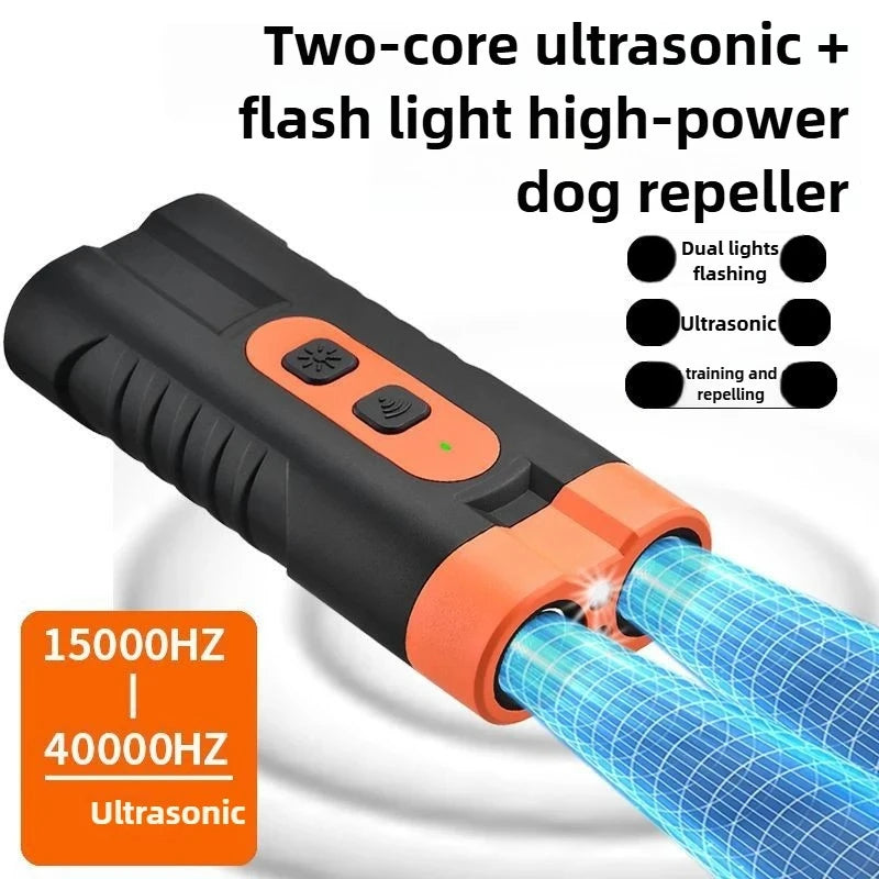 2025 Dual Head Ultrasonic Dog Repeller USB Rechargeable High-Power Anti-Bark Training Device with LED Flashlight