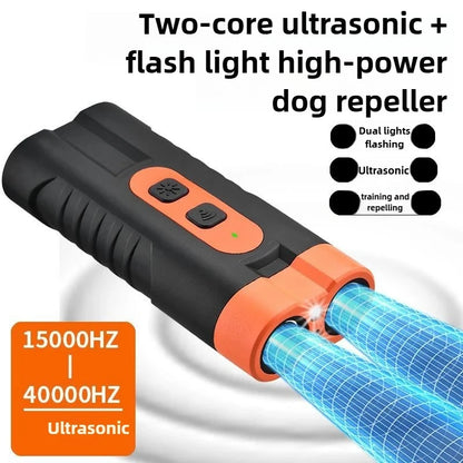 2025 Dual Head Ultrasonic Dog Repeller USB Rechargeable High-Power Anti-Bark Training Device with LED Flashlight