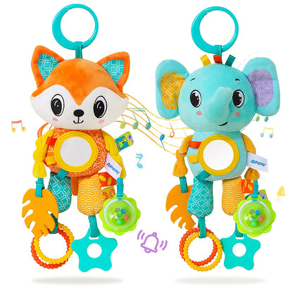 Soft Hanging Crinkle Squeaky Sensory LearningToy Stroller Car Seat Crib Travel Plush Animal Wind Chime with Teether Boys Girls