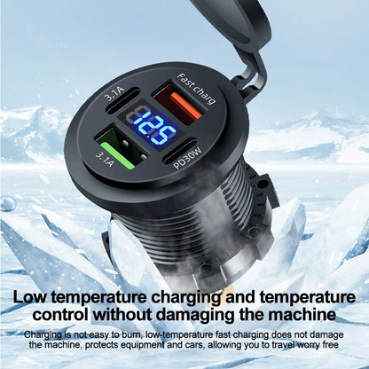83W Motorcycle Car Charger Socket PD30W Fast Charging 22.5W Dual USB Type C Outlet Phone Power Adapter with Voltmeter Waterproof