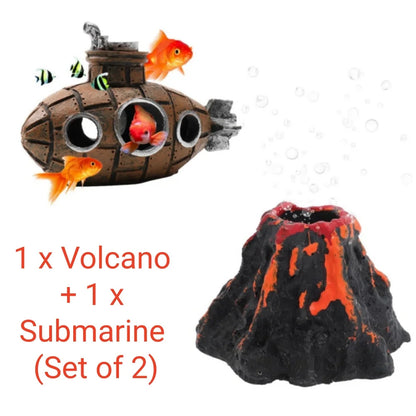 Aquarium Decoration Set Resin Submarine & Volcano Air Bubbler Fish Tank Ornaments Landscape Accessories for Betta Shrimp Decor