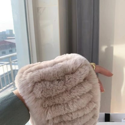 Women Handmade Stretch 100% Real Rabbit Fur Scarf Knit Genuine Rex Rabbit Fur Headbands Girls Natural Rabbit Fur Ring Scarves