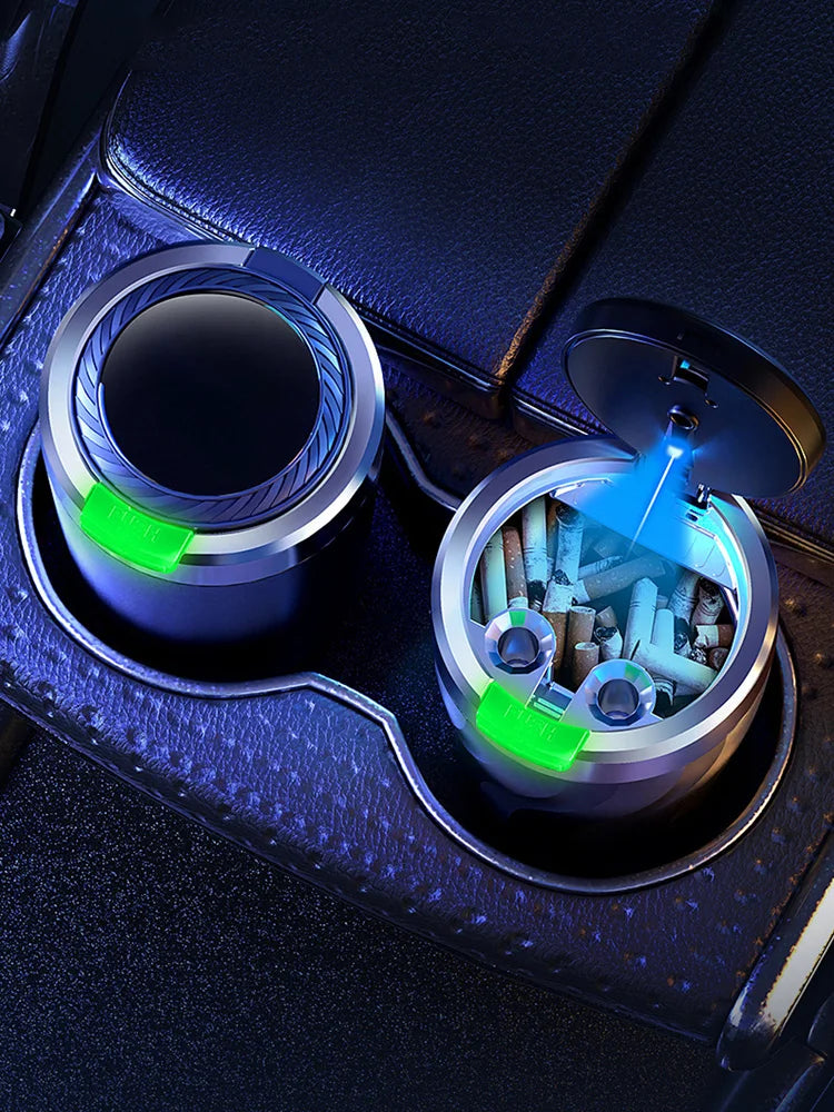 1 car ashtray set, interior use, one click lid opening, large capacity, equipped with LED lights and metal lining.