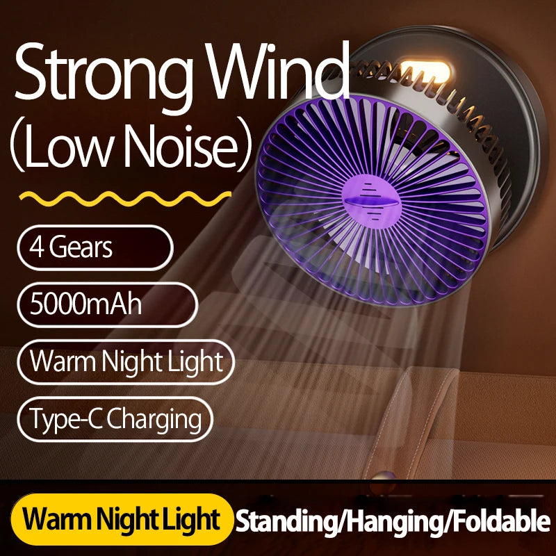 2024 New Rechargeable 3IN1 Multifunctional Portable Fan Wall Mounted Fan 90° Folding Fan 4 Gears With Warm Night Light