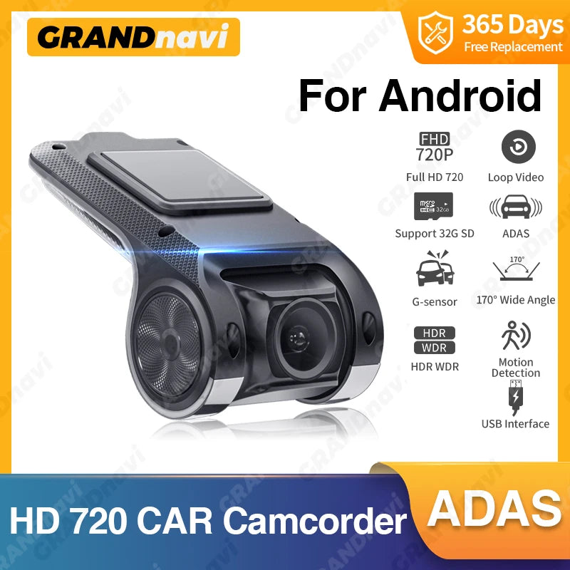 Grandnavi HD Car DVR Dash Cam ADAS Video 720P USB TF Card 16G/32G Auto Recorder for Android Multimedia Player DVD Voice Alarm