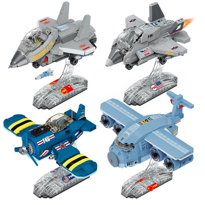 KNEW BUILT Fighter Jet Mini Building Block Toy Set for Kids Boy Adult Beginner Military Plane Airplane Pirate Transporter Brick