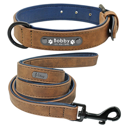 Custom Leather Dog Collar Leash Personalized Pet Collars and Leash Set Durable Leather Collar Lead for Small Medium Large Dogs