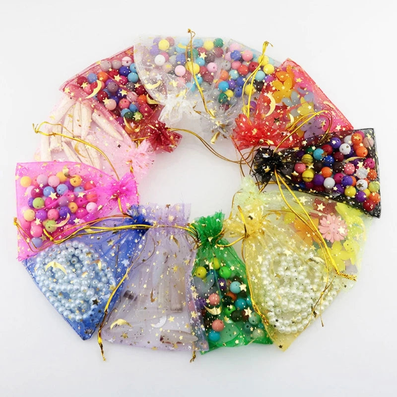 50PCS White Moon Stars Drawstring Organza Bags Jewelry Gift Bags Pouches Gold Star Organza Favor Pouches for Christmas Wedding