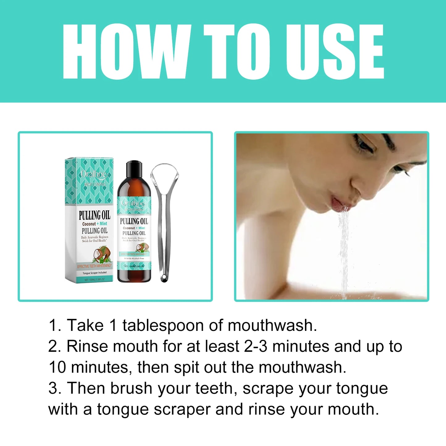 Coconut Mint Pulling Oil Mouthwash Kit With Tongue Scraper Fresh Oral Breath Odor Removal Alcohol-Free Whiten Tool Mouth Care