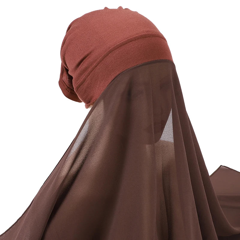 Muslim Women Bonnet + Chiffon Shawl Instant Under scarf Cap Islam Inner Scarf Headband Stretch Hijab Cover Headwrap Turbante