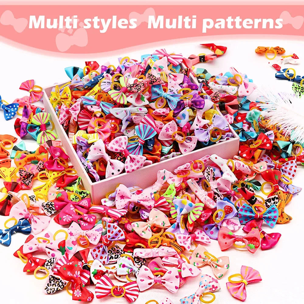 100PCS Puppy Bow Handmade Movable Pet Dog Grooming Hair Accessories Dog Bows With Rubber Band For Small Dog and Cat Pet Products