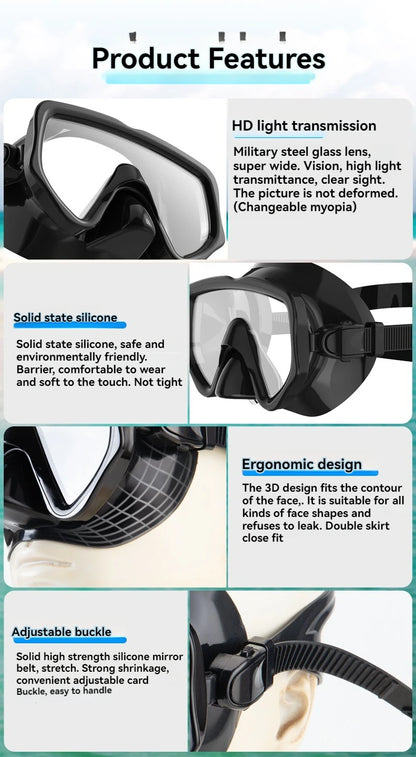 Diving Mask Snorkel Set For Adults Tempered Glass Scuba Professional Panoramic Snorkeling Gear Swimming Training Snorkel Kit