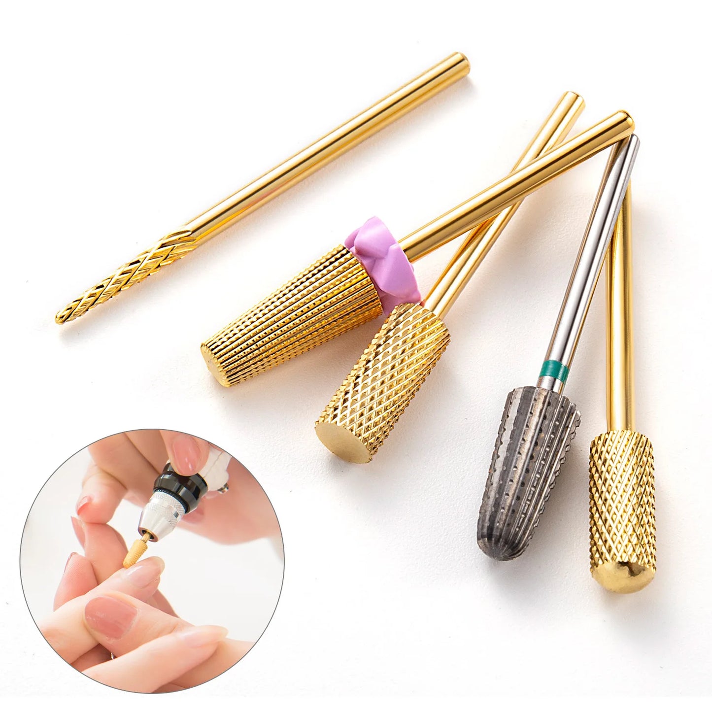 5 In 1 Tungsten Carbid Nail Drill Bits Milling Cutter For Remove Nail Polish UV Gel Tapered Safety End Cut Manicure Tools Golden