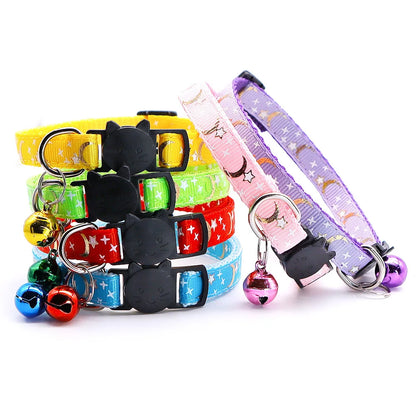 New Gold Stars and Moon Cat Collar with Reflective Safety Buckle and Bell Adjustable Cats And Small Dogs Collars