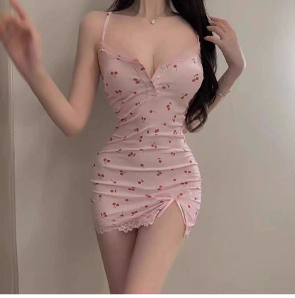 Trendy Pink Cherry Print Dress Women's Cute Fitted Mini Nightgown Lace Trim Detail Spaghetti Strap Summer Style New Fashion Hot