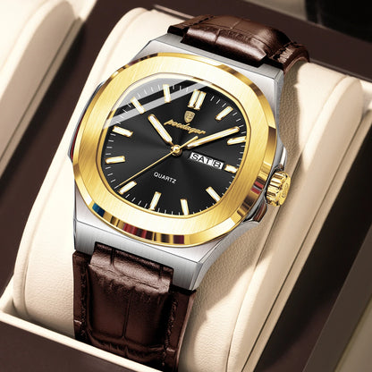 POEDAGAR Square Wristwatch For Men Luminous Waterproof Week Calendar Luxury Man Clock Leather Quartz Fashion Men's Watches Reloj