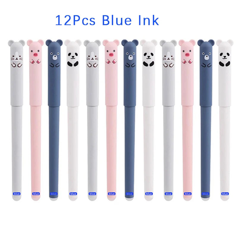 12pcs Animals Panda Erasable Gel Pen 0.5mm Blue Black Erasable Pen Refills Rods Washable Handle School Supplies Stationery