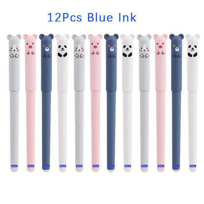 12pcs Animals Panda Erasable Gel Pen 0.5mm Blue Black Erasable Pen Refills Rods Washable Handle School Supplies Stationery