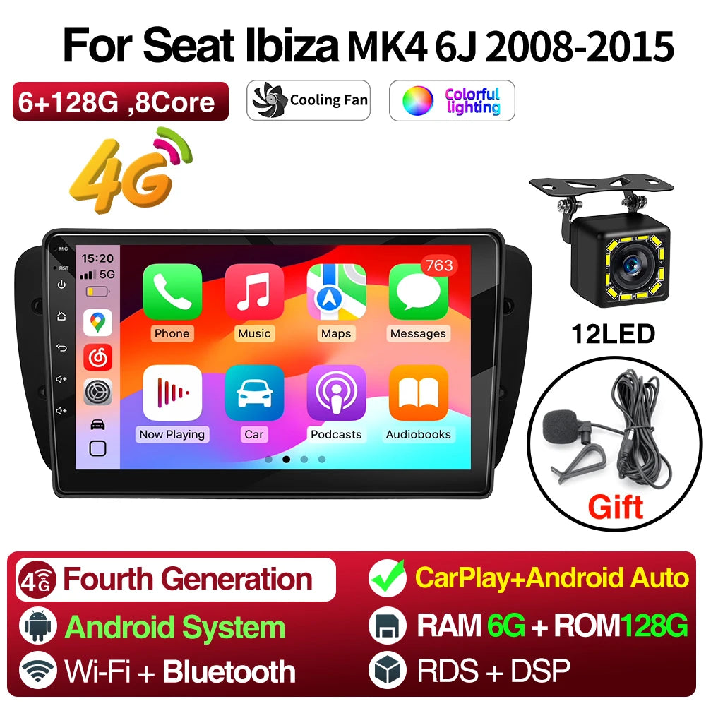 Android Car Radio for Seat Ibiza MK4 6J 2008-2015 Multimedia Player CarPlay Android Auto GPS Bluetooth WIFI Car Head Unit 9inch