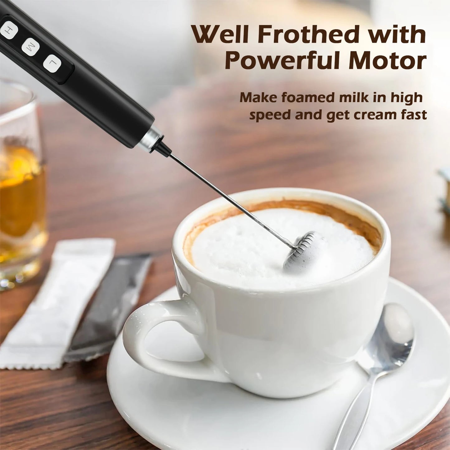 Wireless Rechargeable Electric Milk Frother - 3 Speeds, Handheld Foam Maker for Latte, Cappuccino, Hot Chocolate - USB Rechargea