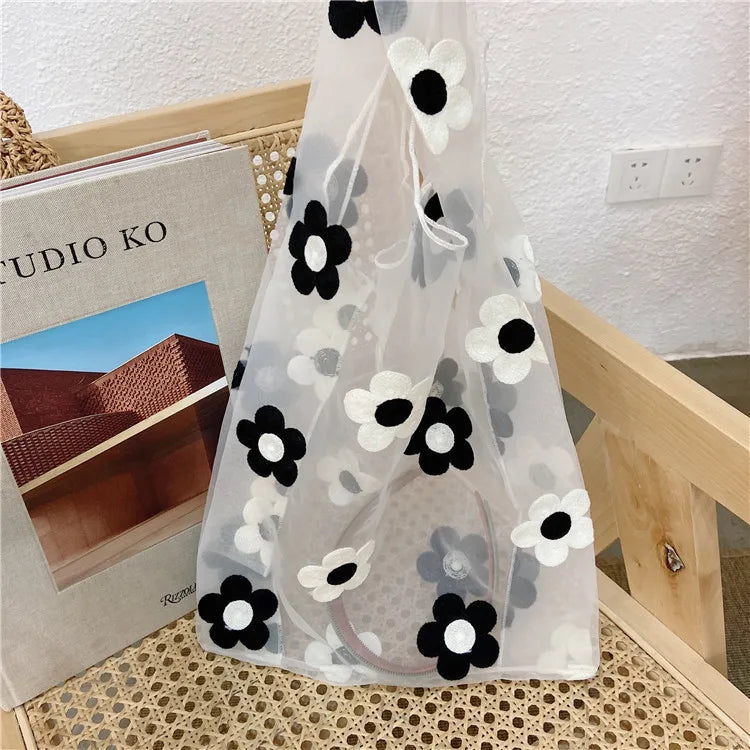 Women Transparent Tote Double Organza Yarn Cloth Bag Embroidery Flowers Handbag High Quality Eco Shopping Bag Purses For Girls
