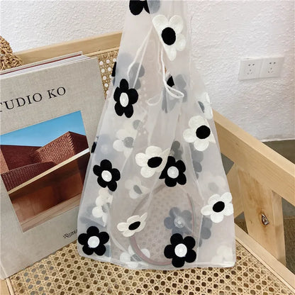 Women Transparent Tote Double Organza Yarn Cloth Bag Embroidery Flowers Handbag High Quality Eco Shopping Bag Purses For Girls