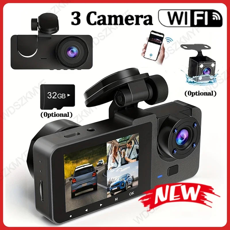 3 Channel Car Camera，Triple Lens WiFi Dashcam, 1080P HD Video Recorder, Night Vision, Car DVR with Wide Angle for Front and Rea