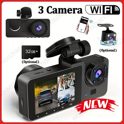 3 Channel Car Camera，Triple Lens WiFi Dashcam, 1080P HD Video Recorder, Night Vision, Car DVR with Wide Angle for Front and Rea