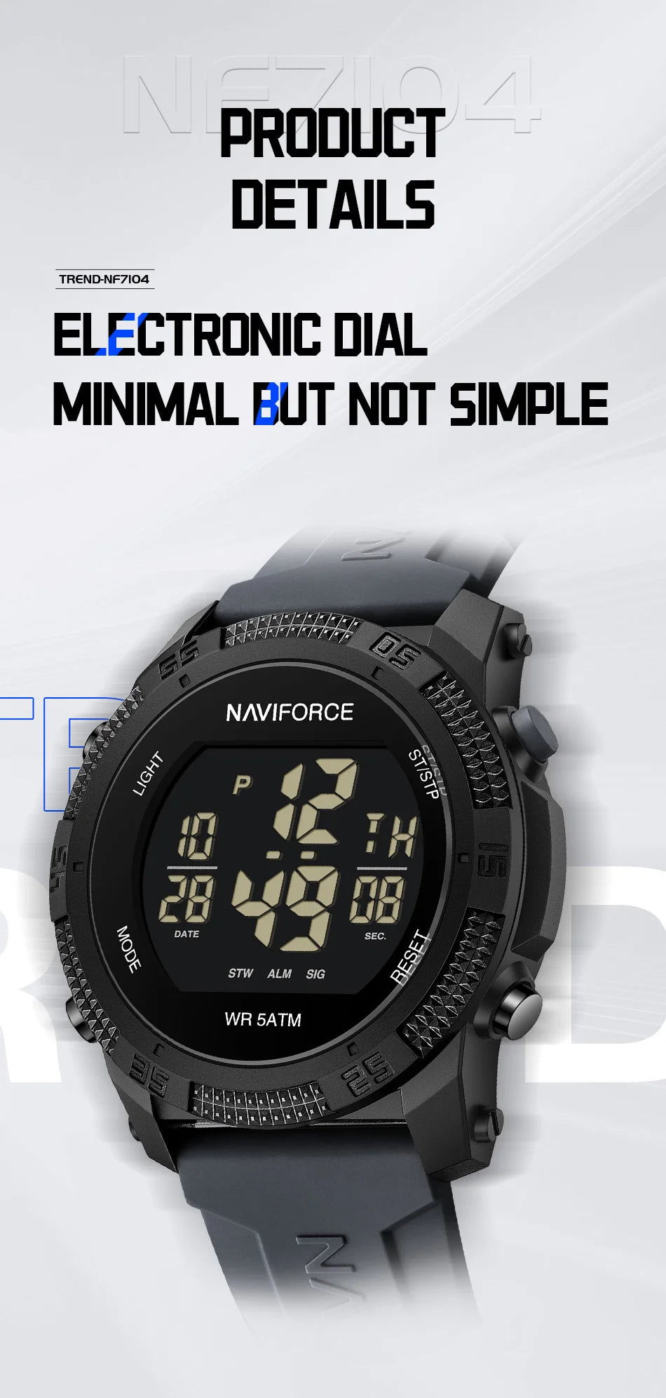 NAVIFORCE 7104 Sports Men's LCD Digital Leisure Date Week Alarm Clock Waterproof Silicone Strap Electronic Watch électronique
