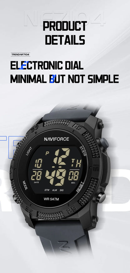 NAVIFORCE 7104 Sports Men's LCD Digital Leisure Date Week Alarm Clock Waterproof Silicone Strap Electronic Watch électronique