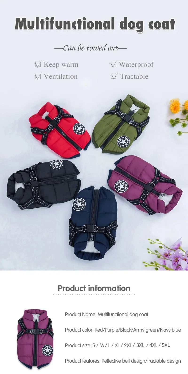 Large Pet Dog Jacket With Harness Winter Warm Dog Clothes For Labrador Waterproof Big Dog Coat Chihuahua French Bulldog Outfits