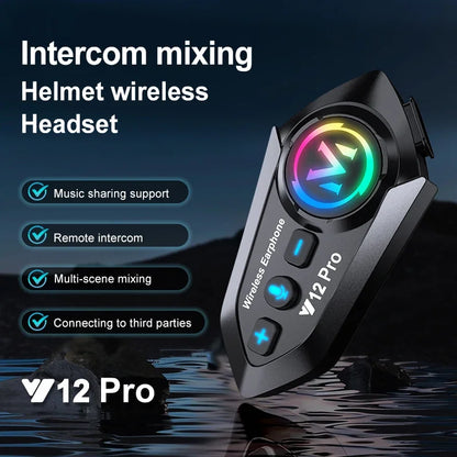 Y12 Pro Dual Mic Motorcycle Helmet Intercom Headset Wireless Hands-free Call Waterproof Music Player Speaker FM Radio Earphone