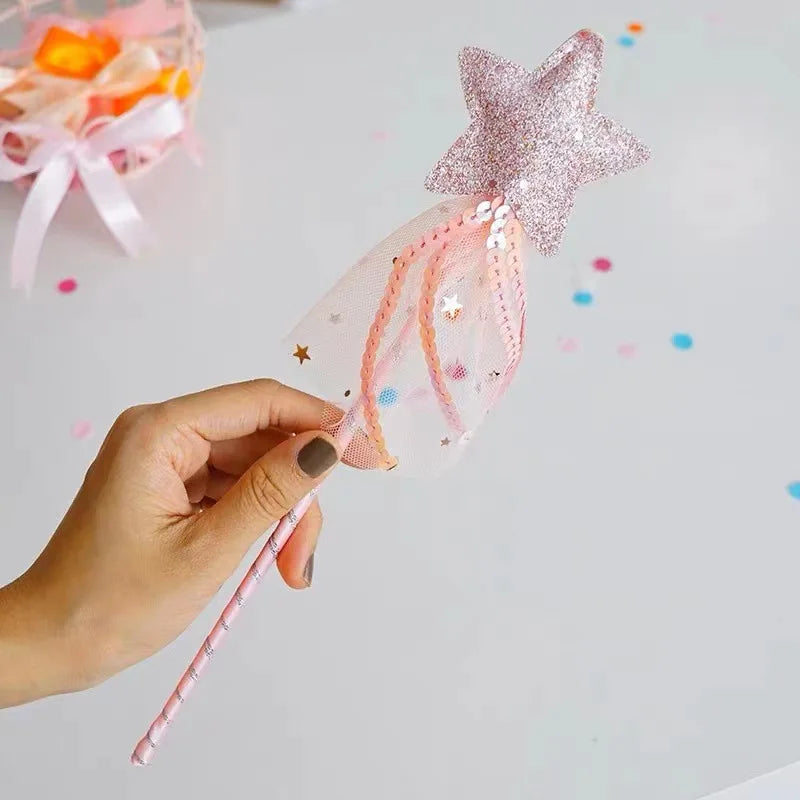 Children Five Point Stars Wand with Tassels Ribbon Halloween Princess Magic Accessory with Glitter Star Great for Themed Parties