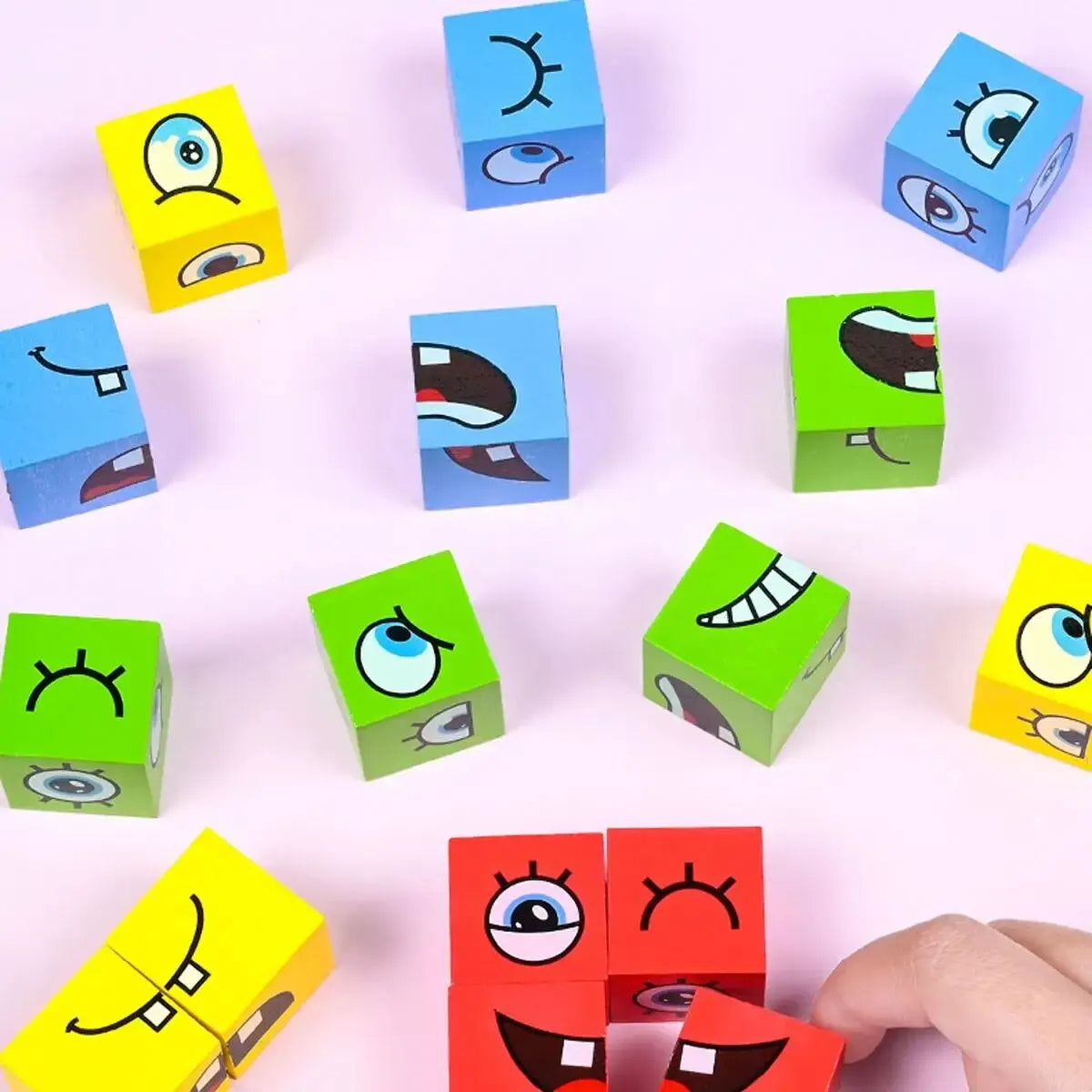 Children's Wooden Four Person Battle Face Changing Facial Expressions Magic Cube Building Blocks Wooden Interactive Games