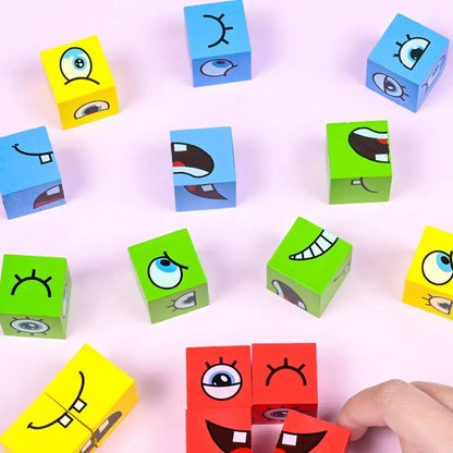 Children's Wooden Four Person Battle Face Changing Facial Expressions Magic Cube Building Blocks Wooden Interactive Games