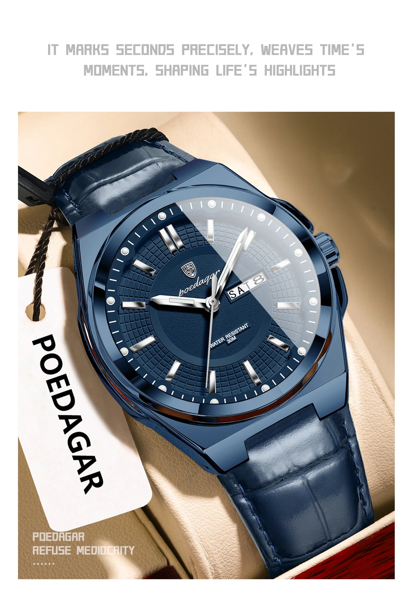 POEDAGAR Fashion Brand Man Wristwatch Waterproof Luminous Date Week Quartz Luxury Men's Watches Leather Business Men Watch Reloj