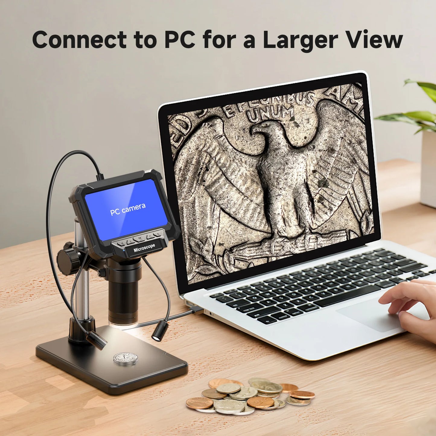 Digital Microscope with 4.3inch IPS Screen 1600X Coin Mirroscope with Lights 1920P HD Video Microscope for PCB, Coins, Plants