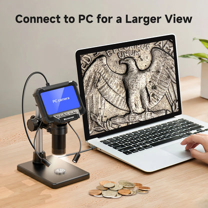 Digital Microscope with 4.3inch IPS Screen 1600X Coin Mirroscope with Lights 1920P HD Video Microscope for PCB, Coins, Plants