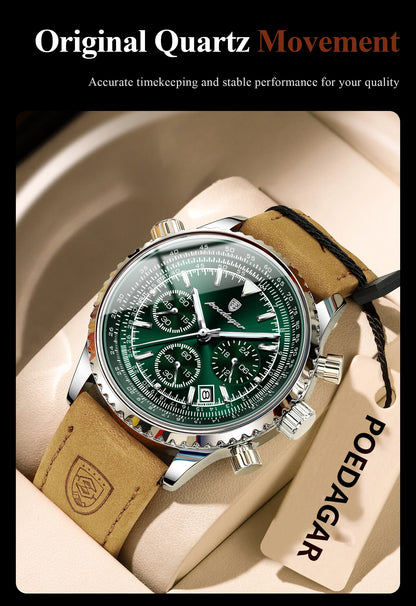 POEDAGAR Luxury Business Men's Watch Waterproof Luminous Date Chronograph Leather Man Clock Fashion Quartz Watches For Men Reloj