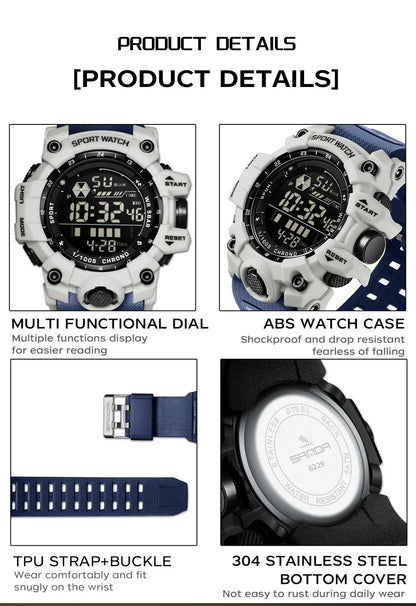 SANDA Men Outdoor Sports Watch Waterproof LED Analog Digital Show Multifunction Big Dial Electronic Wristwatch G style Male Cloc