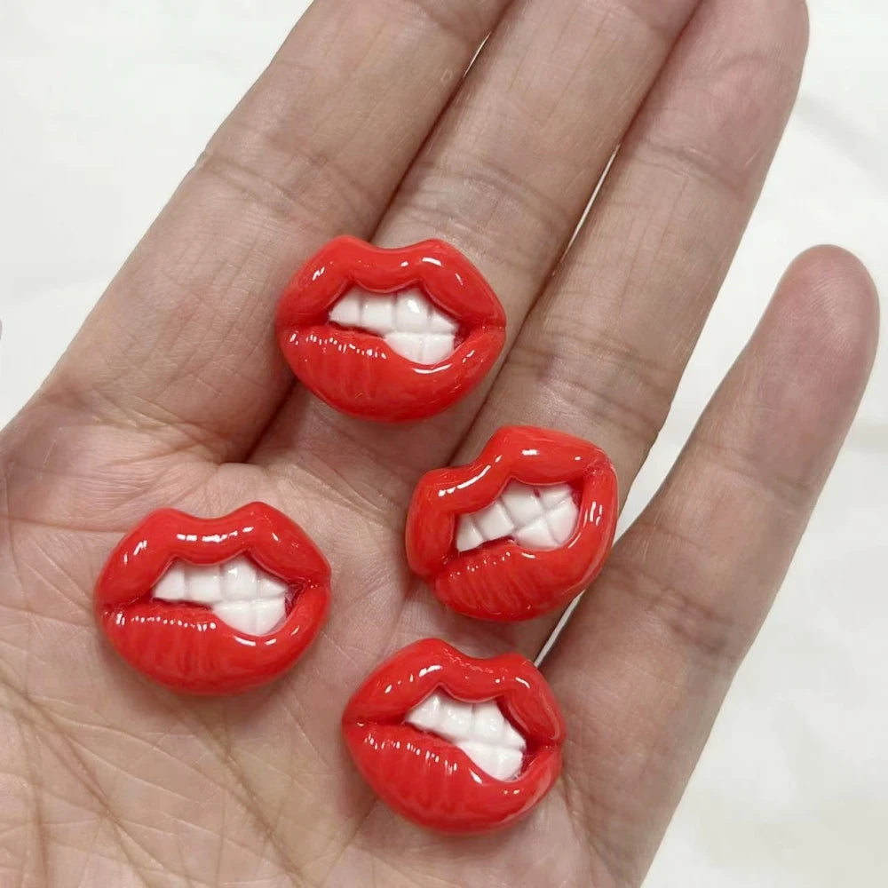 10Pcs Kawaii Hot Sweet Red Pink Large Glossy Lip Soild Color Lipstick Star Love Heart Resin Art Charms Decor Diy Junk Phone Case