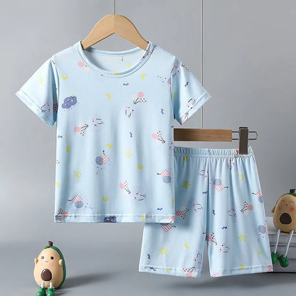2-Piece Children's Summer Cute cartoon Printed Short-Sleeved Shorts Set for Boys and Girls Casual and Comfortable T-Shirt Shorts
