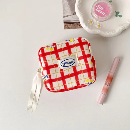 Cute Cherry Plaid Makeup Bag for Lipstick Cosmetics Coin Purse Sanitary Pads