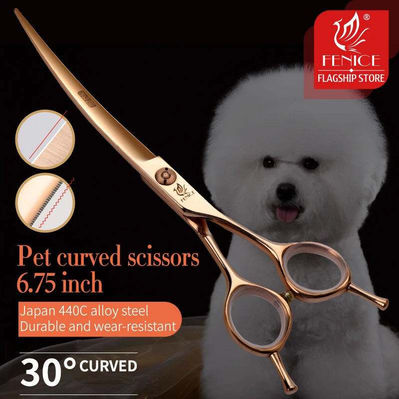 Fenice Professional 6.25/6.75 Inch Pet Curved Grooming Scissors serrated blade with saw Pet Scissors Shears for Dogs Cats JP440C
